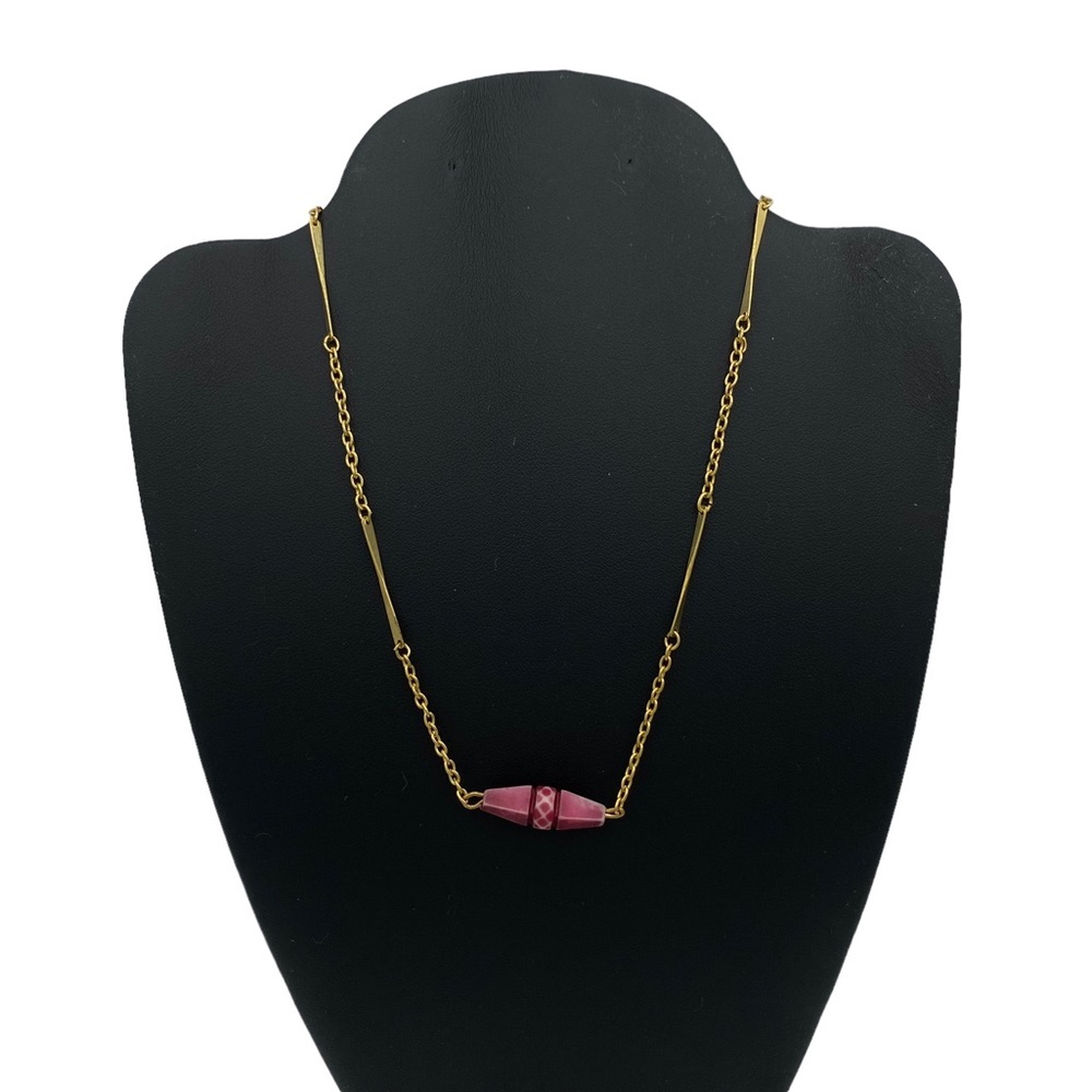 Vintage Bohemian Hippie Pink Wooden Bead Golden Necklace